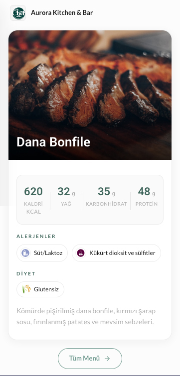 QR ile açılan ürün bilgi sayfası — Aurora Kitchen & Bar, Dana Bonfile örneği